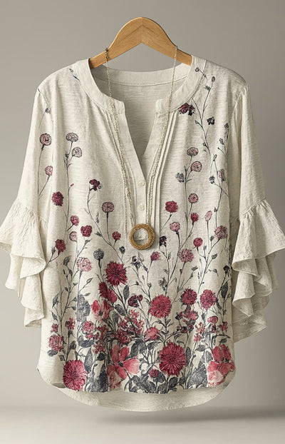 AZUCENA | BLUSA FLORAL CON VOLANTES Y DETALLE ARTESANAL