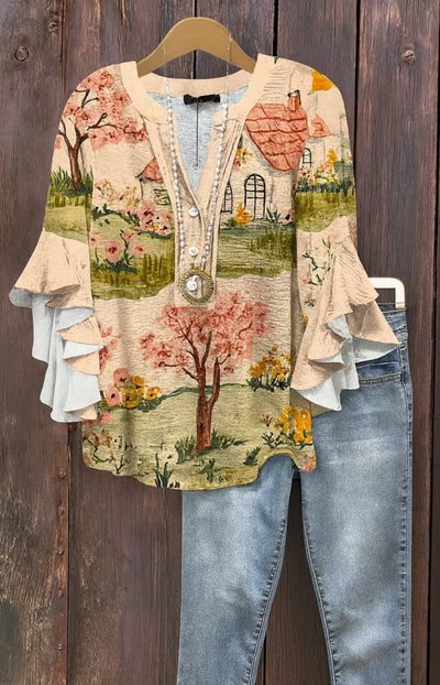 AZUCENA | BLUSA FLORAL CON VOLANTES Y DETALLE ARTESANAL