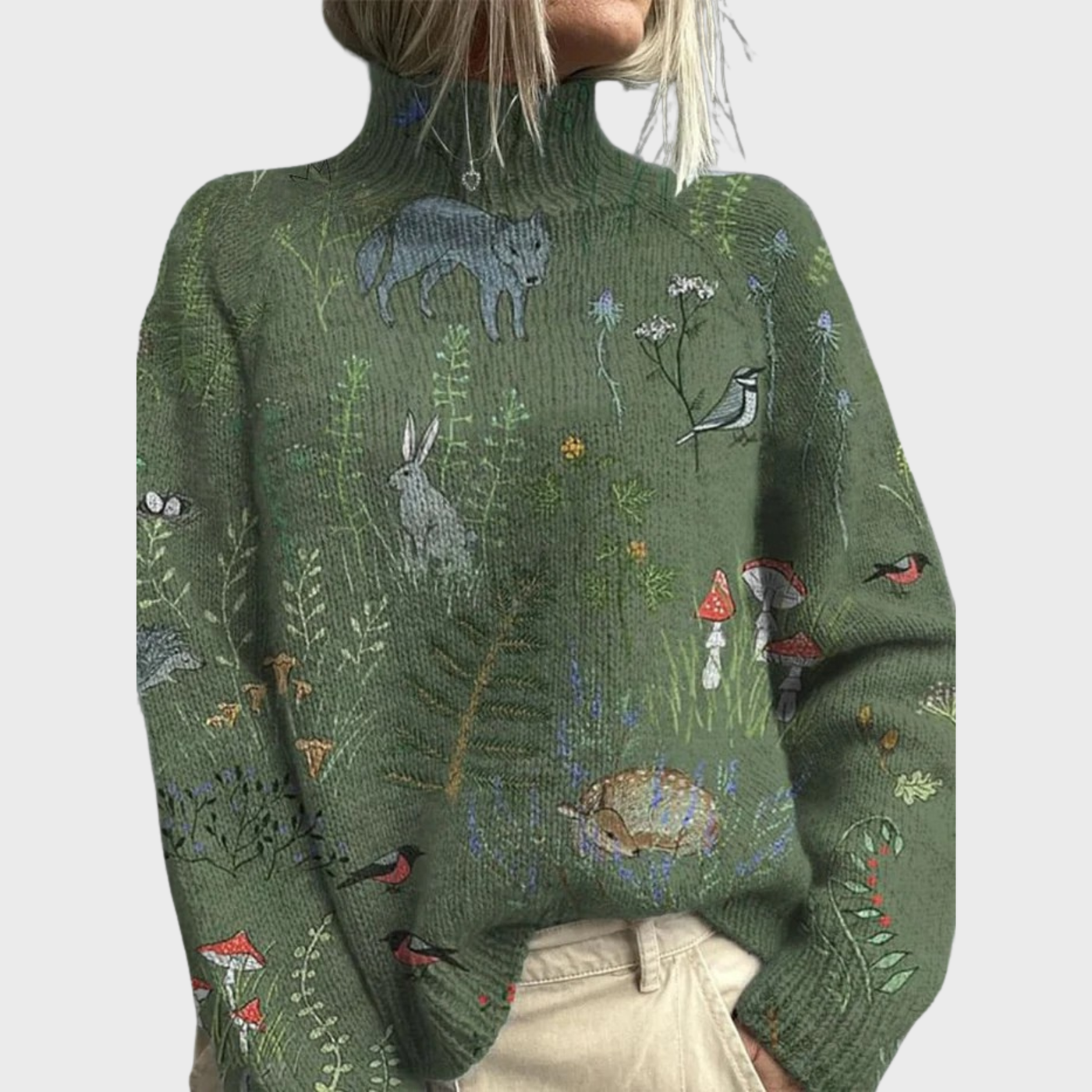 Hana- Jersey de punto con estampado de bosque y animales y cuello alto