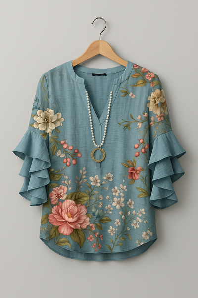 AZUCENA | BLUSA FLORAL CON VOLANTES Y DETALLE ARTESANAL