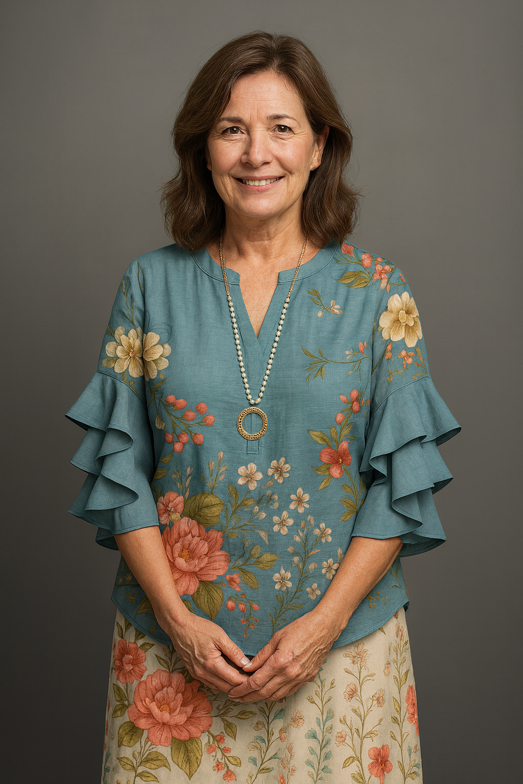 AZUCENA | BLUSA FLORAL CON VOLANTES Y DETALLE ARTESANAL