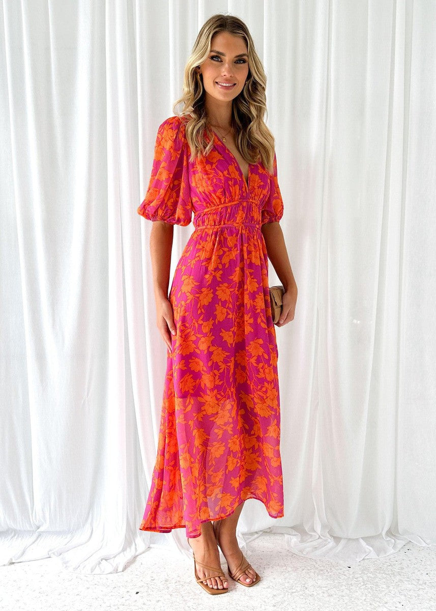 Katty - Vestido Midi Floral con Mangas Abullonadas y Escote en V