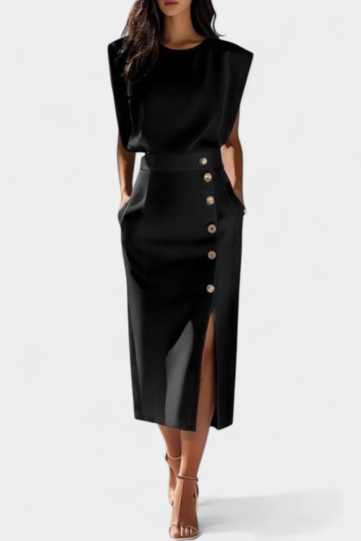 Débora - Vestido Midi de Manga Larga con Botones Decorativos