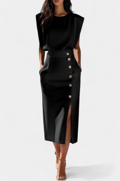 Débora - Vestido Midi de Manga Larga con Botones Decorativos