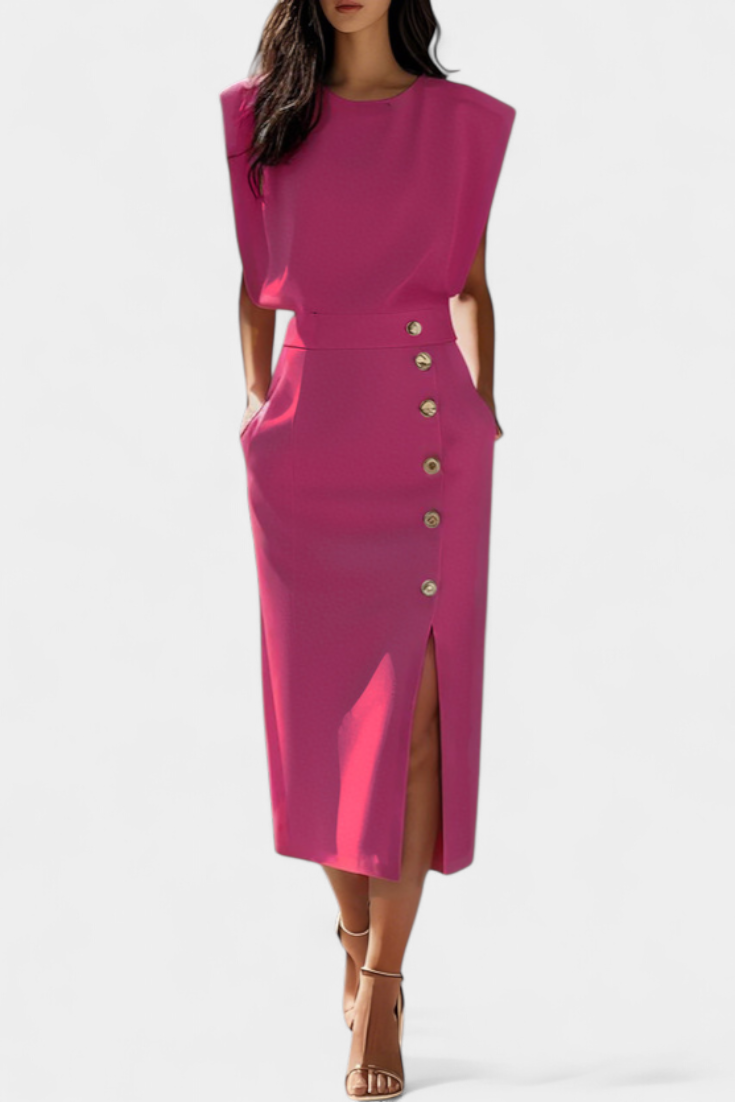 Débora - Vestido Midi de Manga Larga con Botones Decorativos