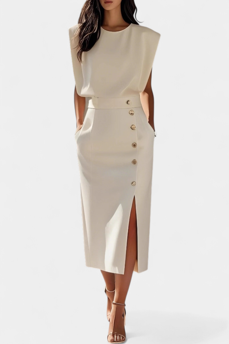 Débora - Vestido Midi de Manga Larga con Botones Decorativos