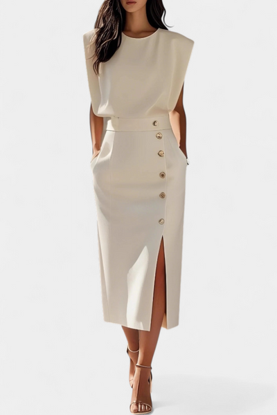 Débora - Vestido Midi de Manga Larga con Botones Decorativos